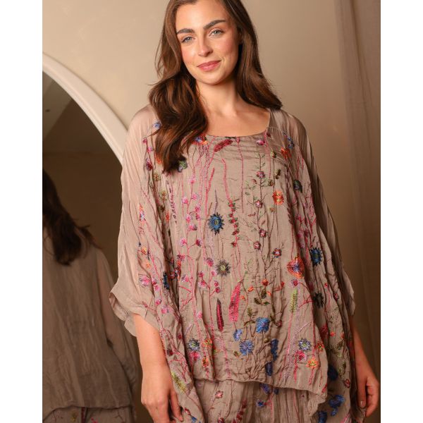 Saffy Embroidered Silk Top | Taupe