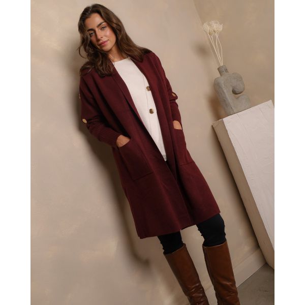 Aurelia Gold Button Longline Cardigan – Burgundy