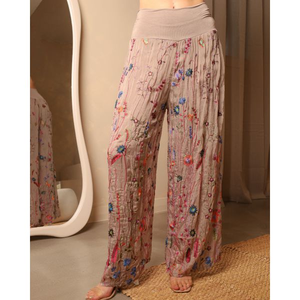 Saffy Embroidered Silk Trouser | Taupe