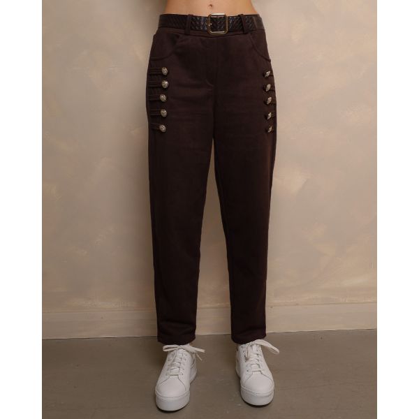 Florence Suedette Button Detail Trousers – Chocolate Brown