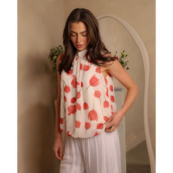 Alessia Tulip Print Top | White/Red