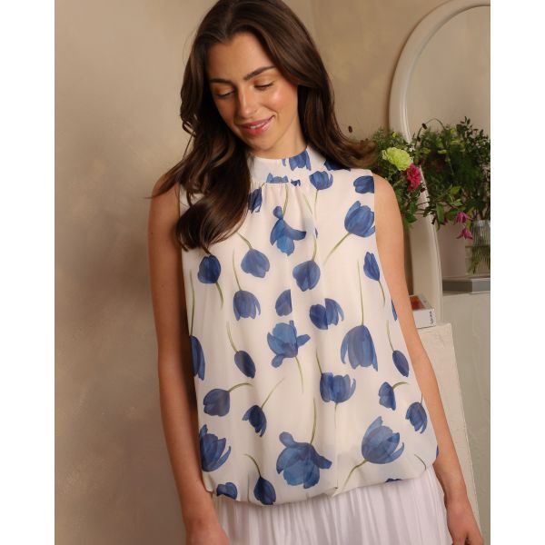 Alessia Tulip Print Top | White/Navy