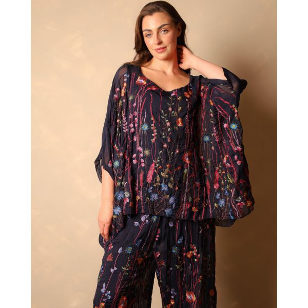 Saffy Embroidered  Silk Top | Navy