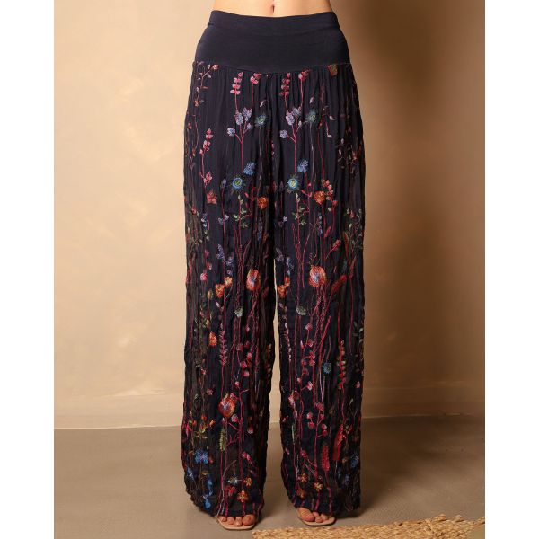 Saffy Embroidered Silk Trouser | Navy