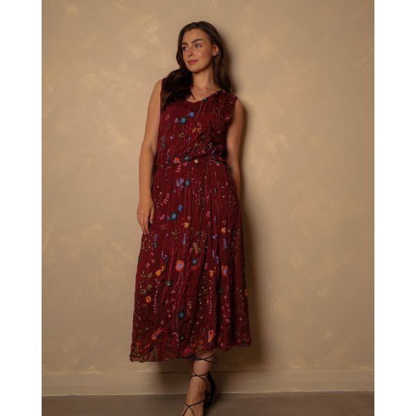 Saffy Embroidered Silk Dress | Wine