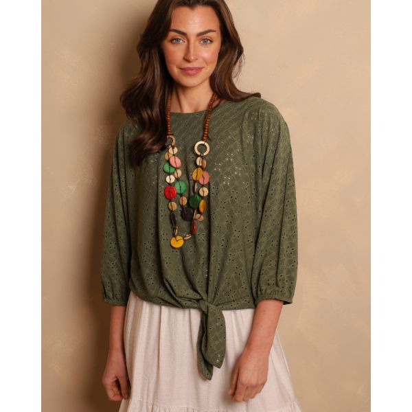 Olivea Broderie Tie Top | Khaki