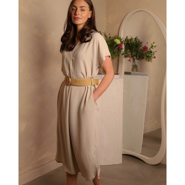 Alisha Belted Midi Dress | Beige