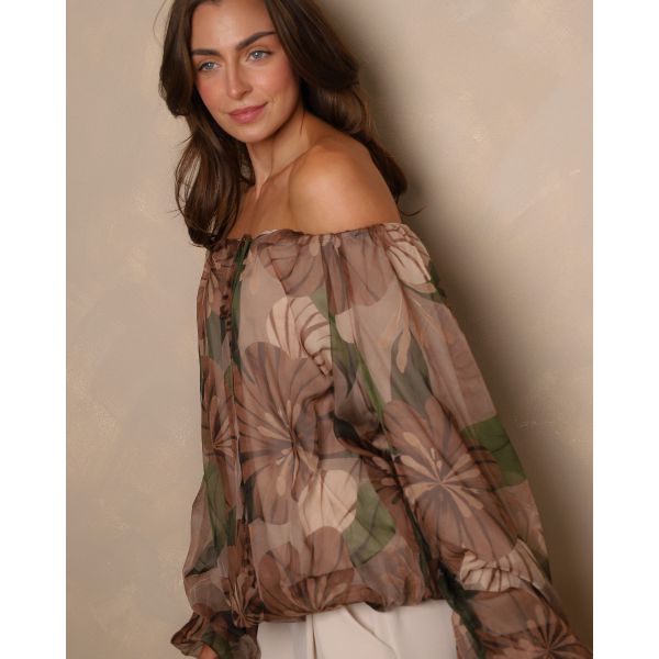 Sienna Bardot Floral Blouse – Mocha & Olive