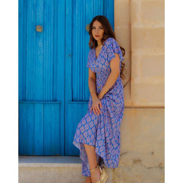 Karishma Bardot Aztec Foil Print Maxi Dress | Blue