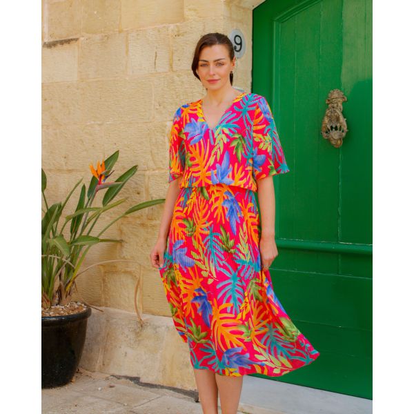 Ziggy Tropical Pleated Dress | Pink
