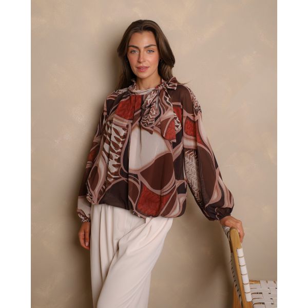 Maribel Tie-Neck Printed Blouse – Chocolate & Rust