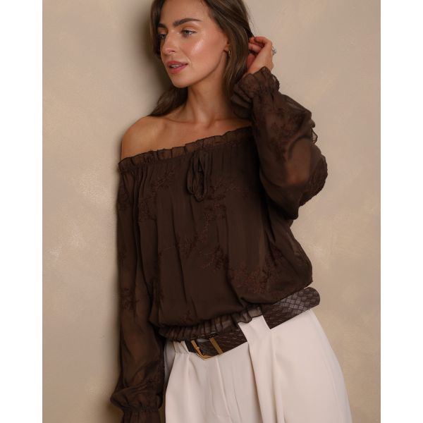 Elodie Embroidered Bardot Blouse – Chocolate