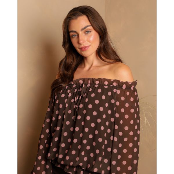 Bella Bardot Polka Dot Top | Chocolate
