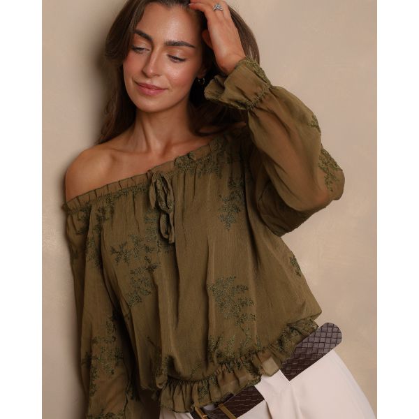 Elodie Embroidered Bardot Blouse – Olive