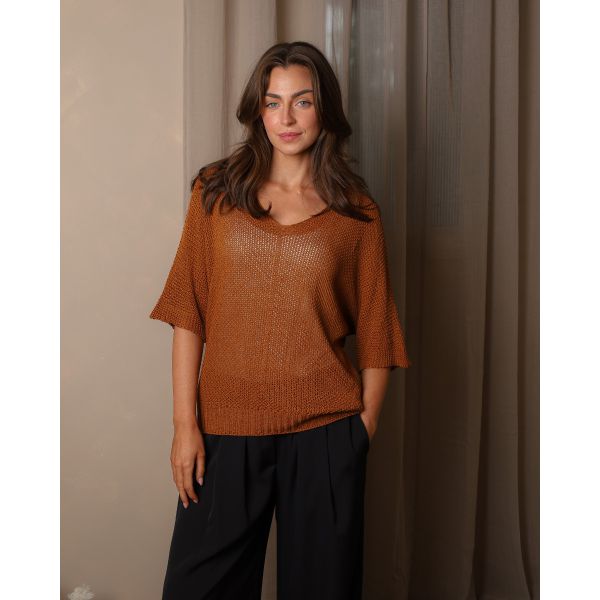 Sienna Open-Knit V-Neck Jumper – Burnt Orange