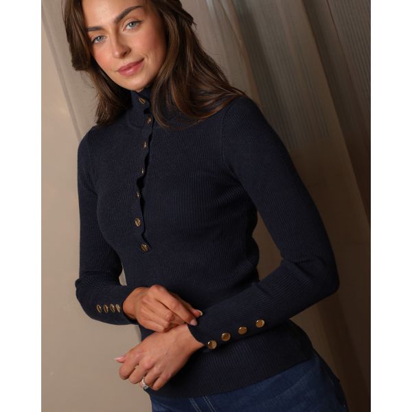 Elodie Gold-Button Ribbed Knit – Navy