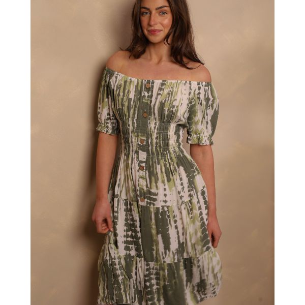 Karishma Bardot Tie-Dye Midi Dress | Khaki