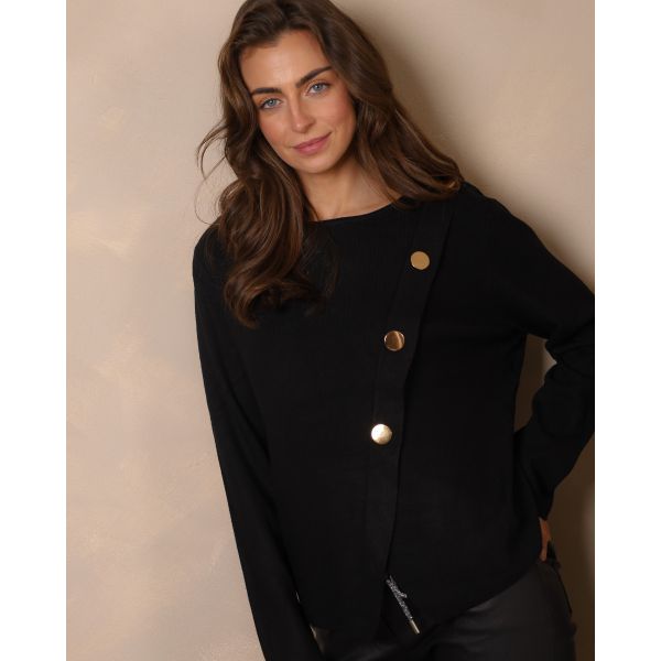 Aurelia Asymmetric Button Detail Knit Top – Black