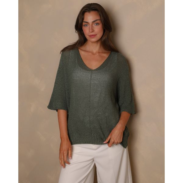 Sienna Open-Knit V-Neck Jumper – Khaki