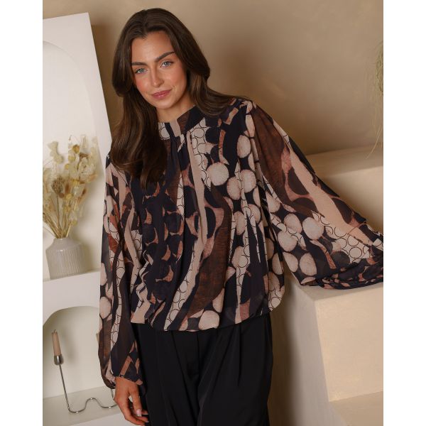 Camile Abstract Print Blouse – Black & Mocha