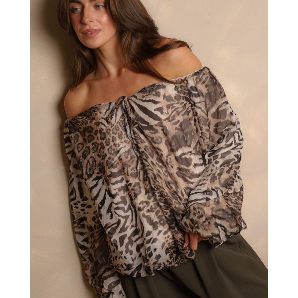 Sienna Animal Print Bardot Blouse – Taupe & Mocha