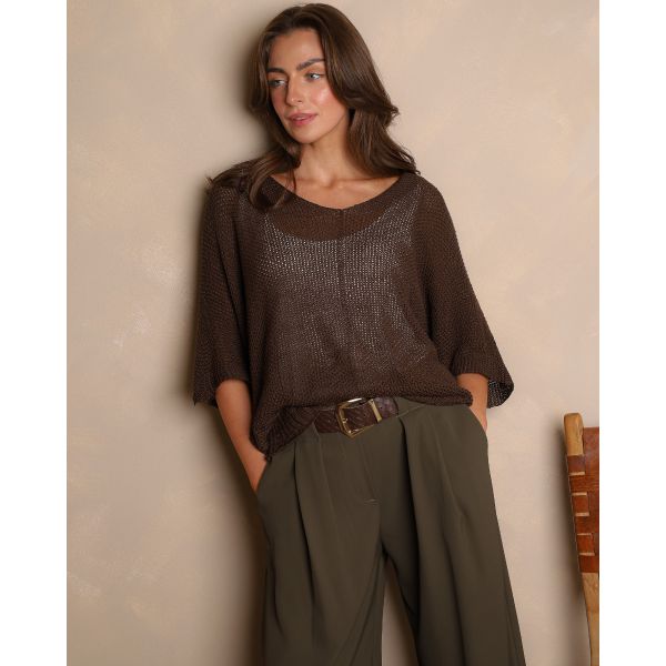 Sienna Open-Knit V-Neck Jumper – Chocolate Brown