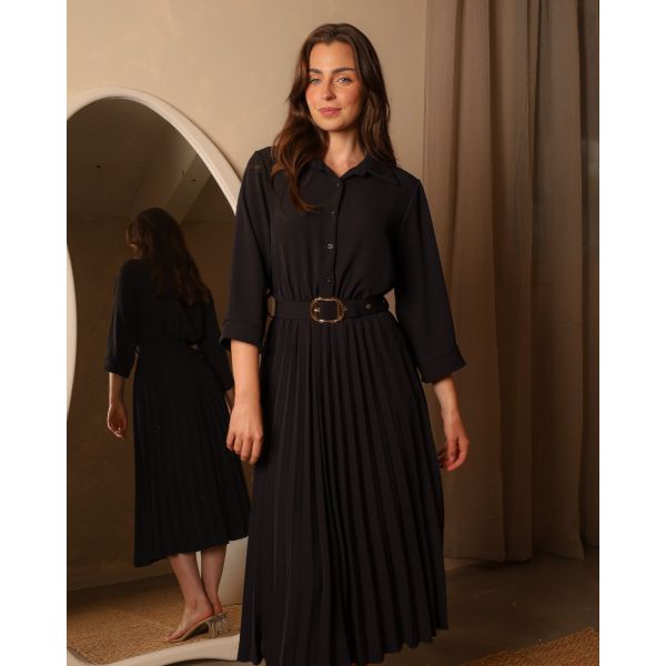 Penny Pleated Shirt Dress | Black