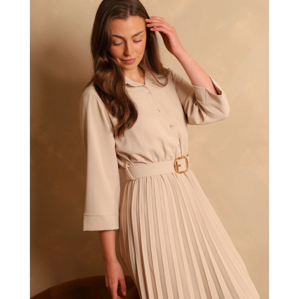 Penny Pleated Shirt Dress | Beige 