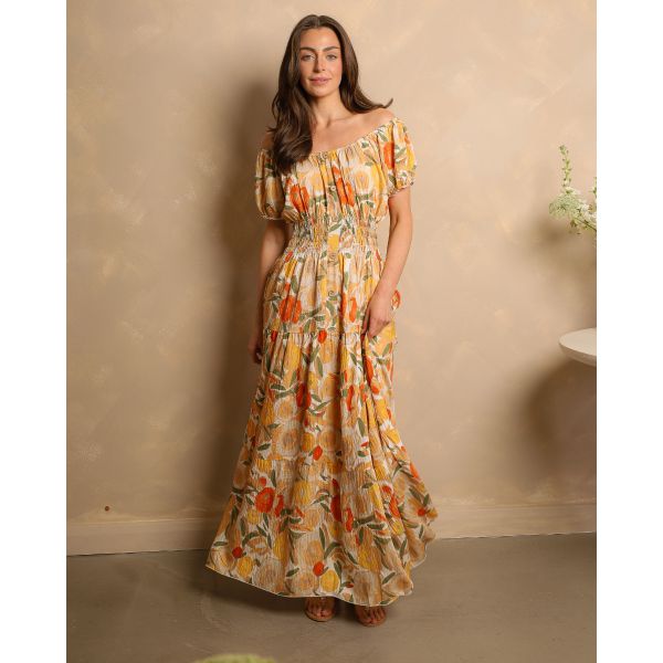 Karishma Floral Bardot Maxi Dress – Cream Multi