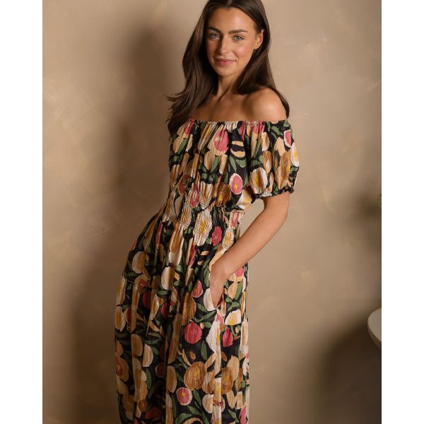 Karishma Floral Bardot Maxi Dress – Black Multi