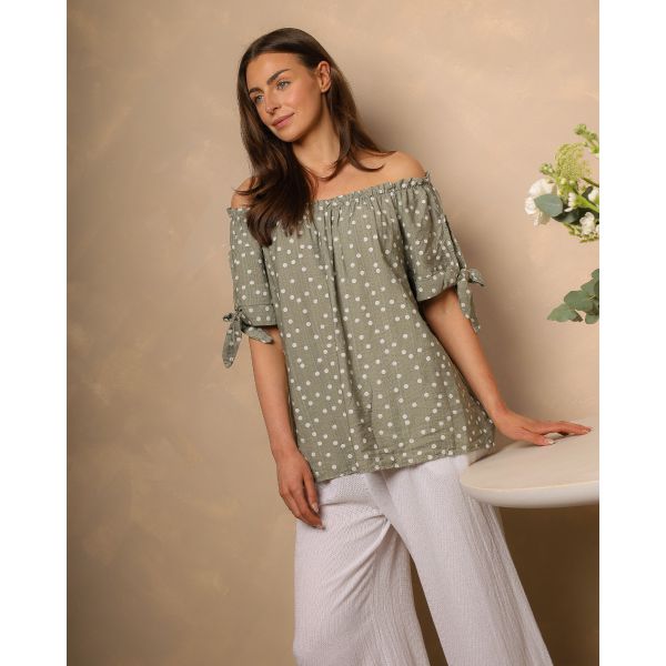 Sage Spot Bardot Top – Sage Green