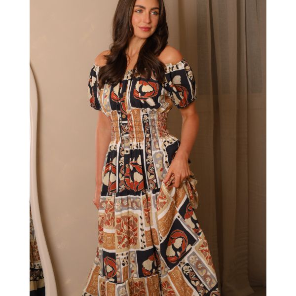 Karishma Bardot Patchwork Maxi Dress | Black & Brown Tones