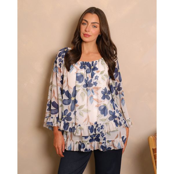 Amelie Floral Tiered Top | Ivory & Blue