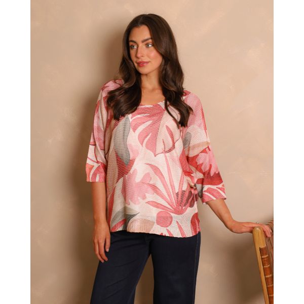 Elara Leaf-Print Knit Top | Coral Mix