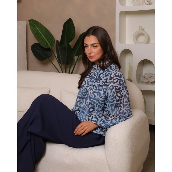 Camile Soft Abstract Botanical Blouse | Dusty Blue