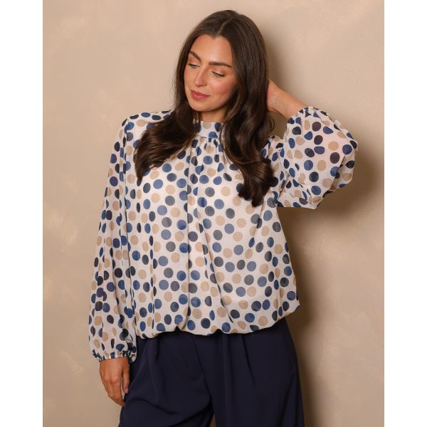 Camile Polka Dot Blouse | Navy, Blues, Taupe & Ivory