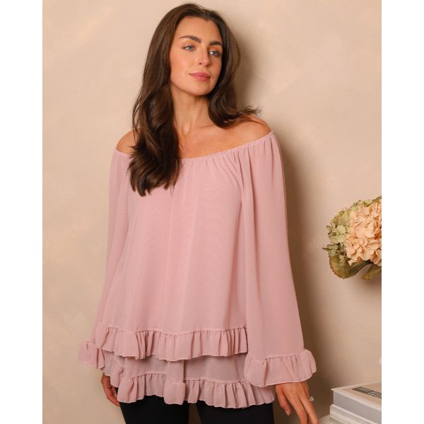 Rosalie Off-Shoulder Ruffle Blouse | Soft Blush