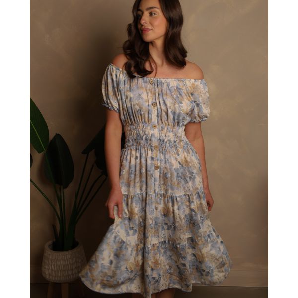 Karishma Bardot Floral Midi Dress | Soft Blue Floral