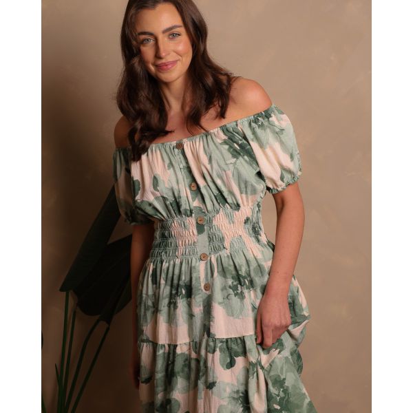 Karishma Bardot Botanical Midi Dress | Sage & Cream