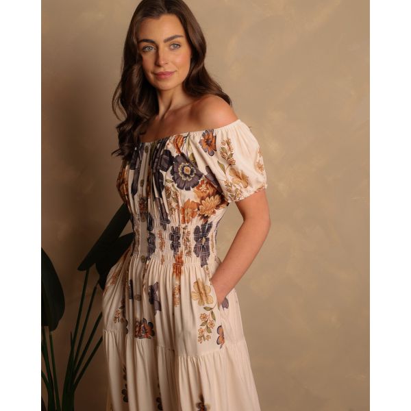 Karishma Bardot Floral Maxi Dress | Cream Multi