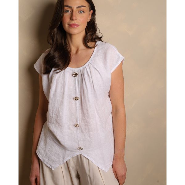 Virella Linen Button Top | White