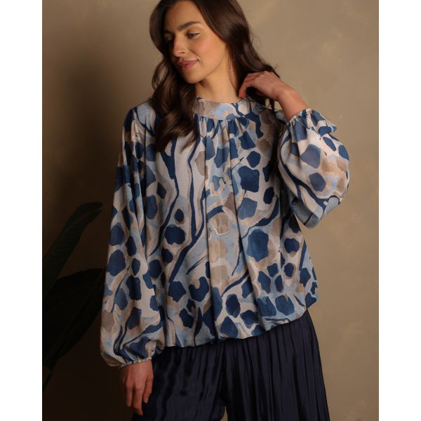 Camile Abstract Blouse |Navy & Sand