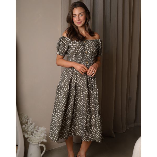 Karishma Bardot Polka Dot Midi Dress – Khaki & Cream