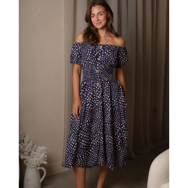 Karishma Bardot Polka Dot Midi Dress – Navy & Cream
