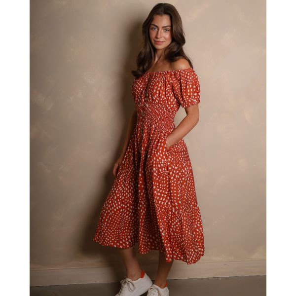 Karishma Bardot Polka Dot Midi Dress – Rust & Cream