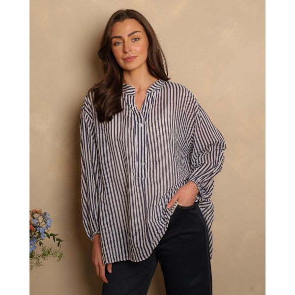 Chiara Stripe Cotton Blouse | Navy