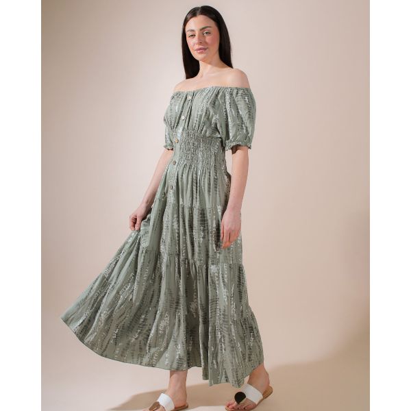 Karishma Bardot Abstract Print Maxi Dress | Khaki