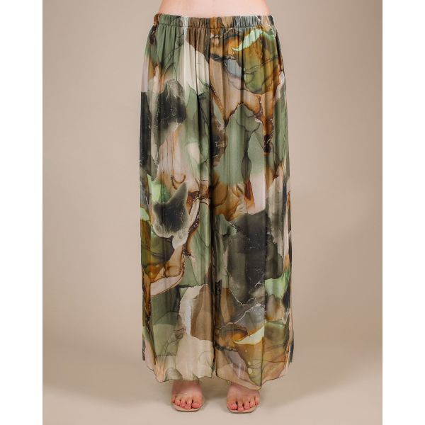 Silk Wide Leg Marble Print Trouser | Khaki