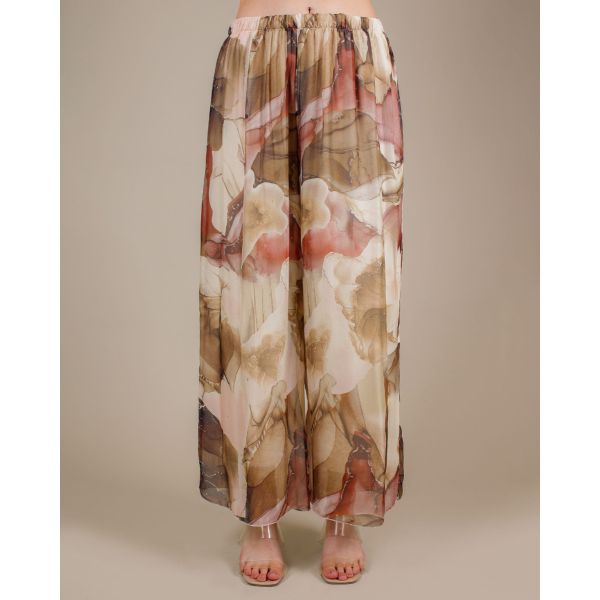 Silk Wide Leg Marble Print Trouser | Cream