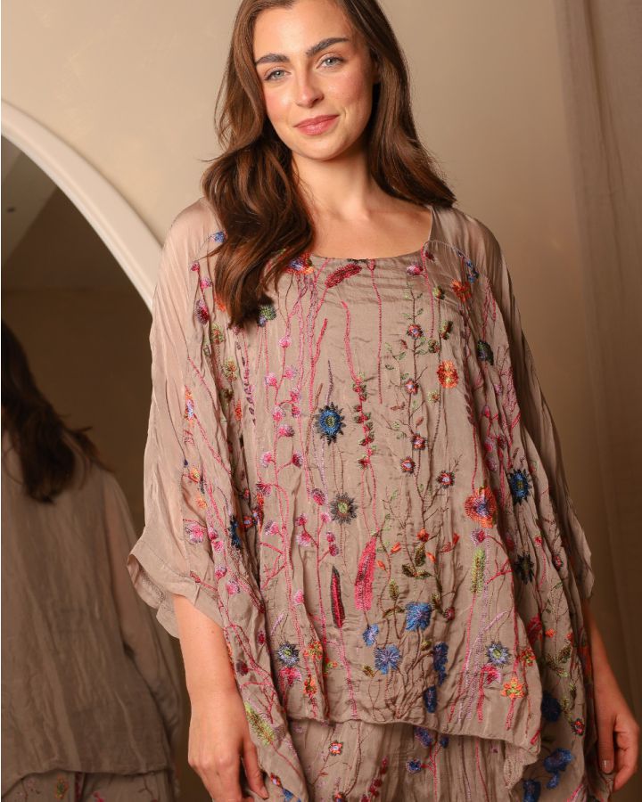 Saffy Embroidered Silk Top | Taupe